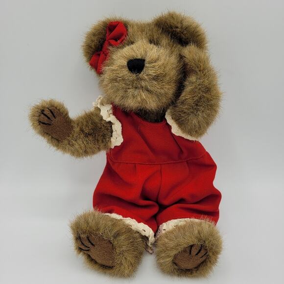 Vintage 1999 Boyd's Alexandra Collection Bear Red Overalls Hair Bow Eyelet Trim - Picture 1 of 8